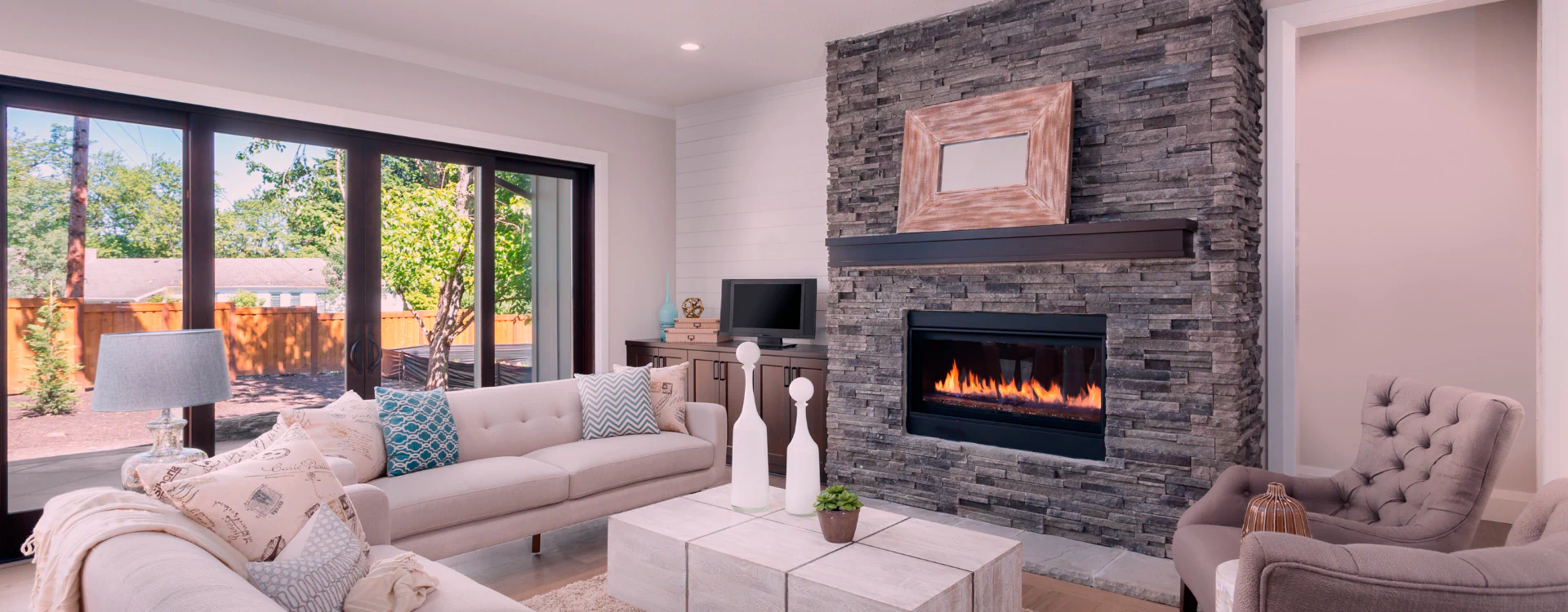 luxury living room with chimney